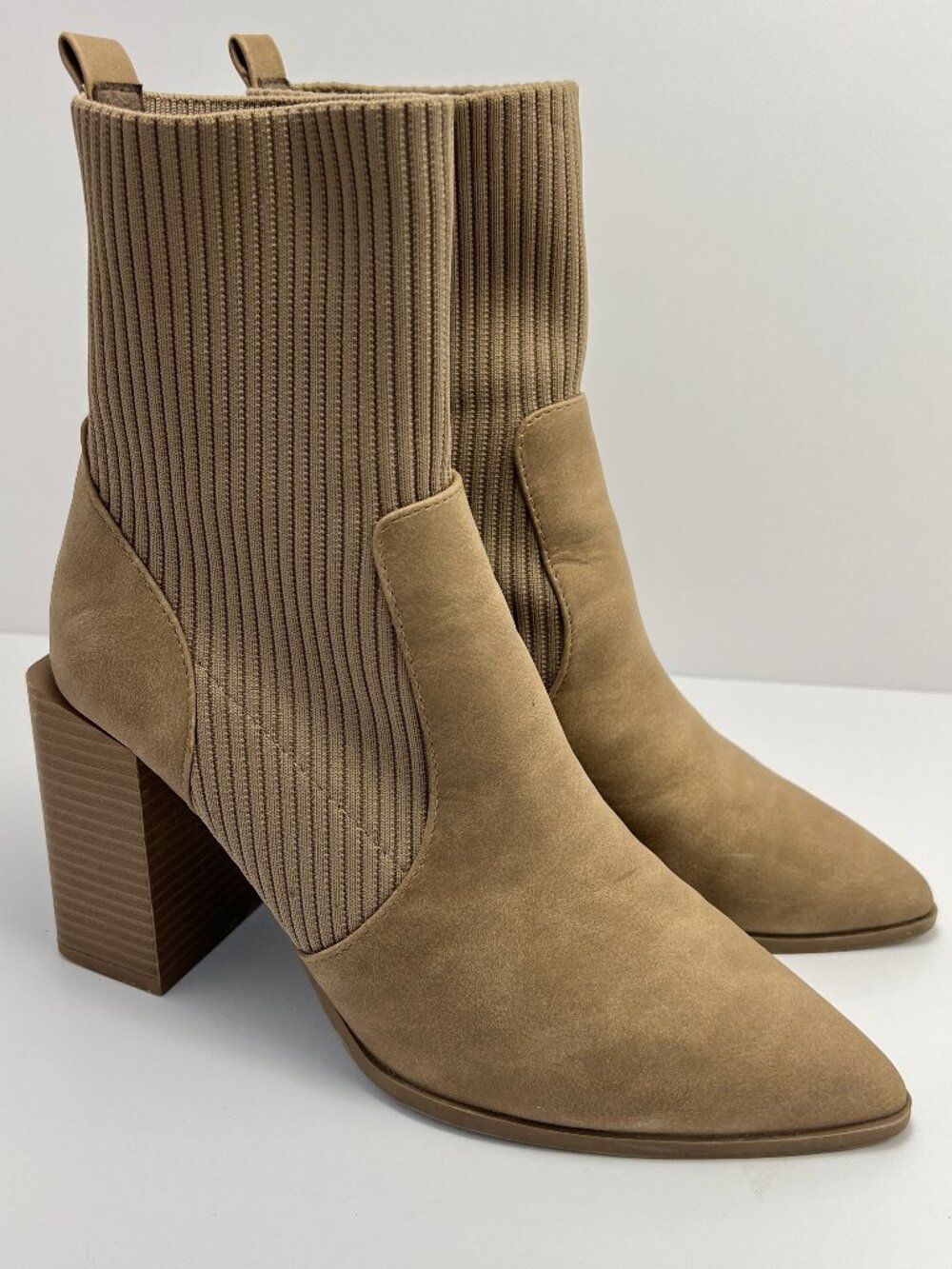 Beige Sock Ankle Boots Block Heel Neutral Fall Boots Size 7